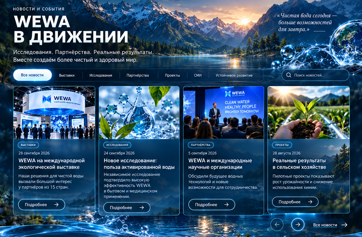 Утверждённый макет новостей WEWA: выставки, исследования, партнёрства, проекты. События и даты на макете — примеры, не подтверждённые публикации.