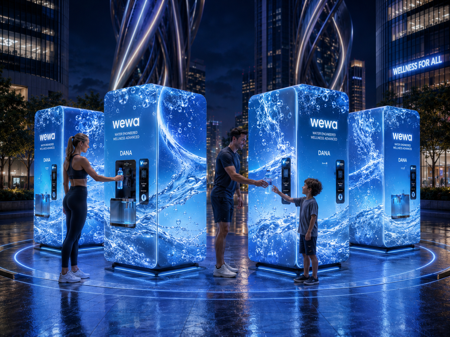 Outdoor DANA smart public water kiosk with digital display and dispensing area